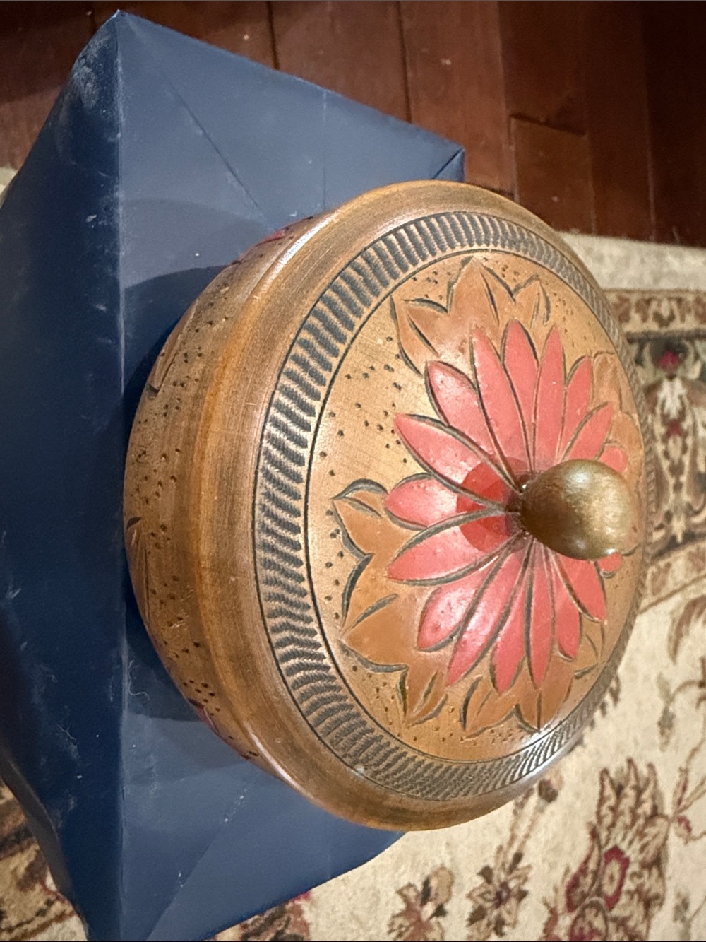 Handcrafted Decorative Wooden Lidded Box with Red Floral Design